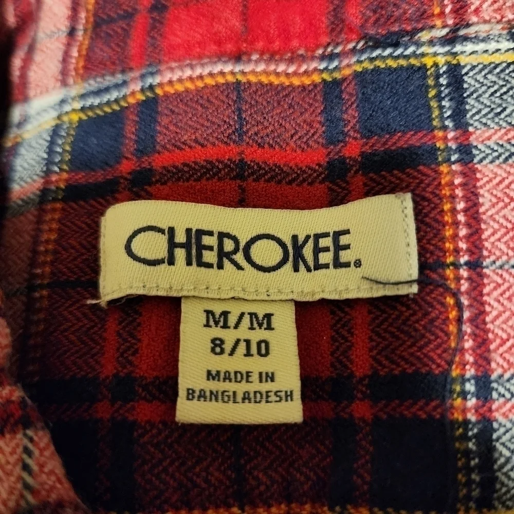 Cherokee Red Black White Plaid Flannel Long Button Sleeve Shirt Collared Boy's 8